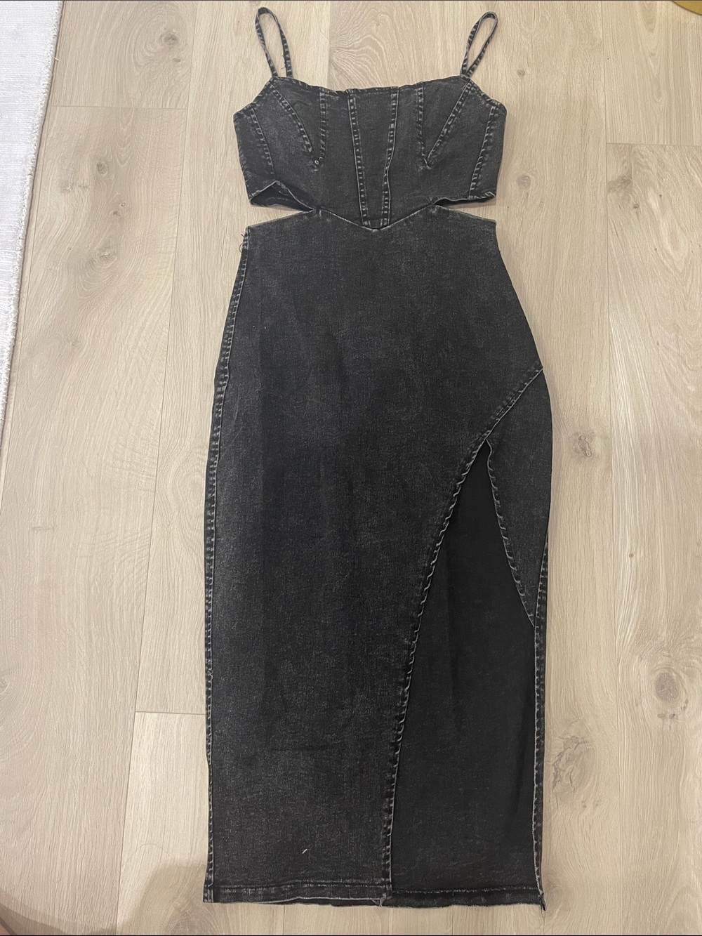 Black Denim Cutout Midi Dress with Corset Top